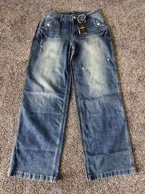 NWT Flamingals Womens Wide Leg Dark Distressed Jeans L 203901 XH High Rise